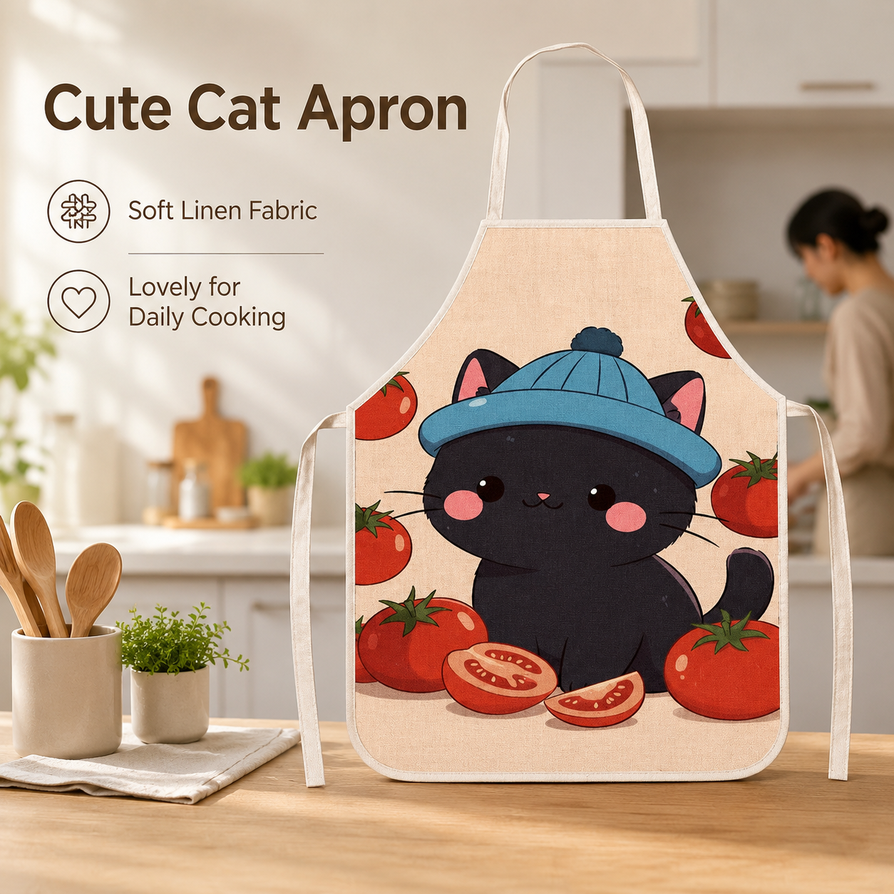 Home Cooking For Cats - Cute Black Cat Tomato Print Linen