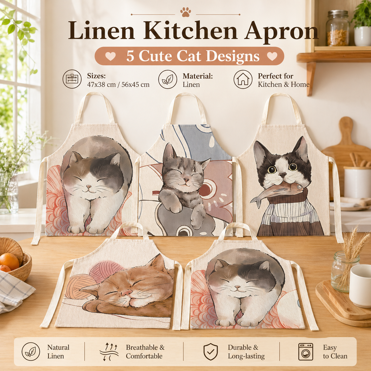 Cute Cat Printed Linen Kitchen - Home Cooking For Cats avaliação e preço