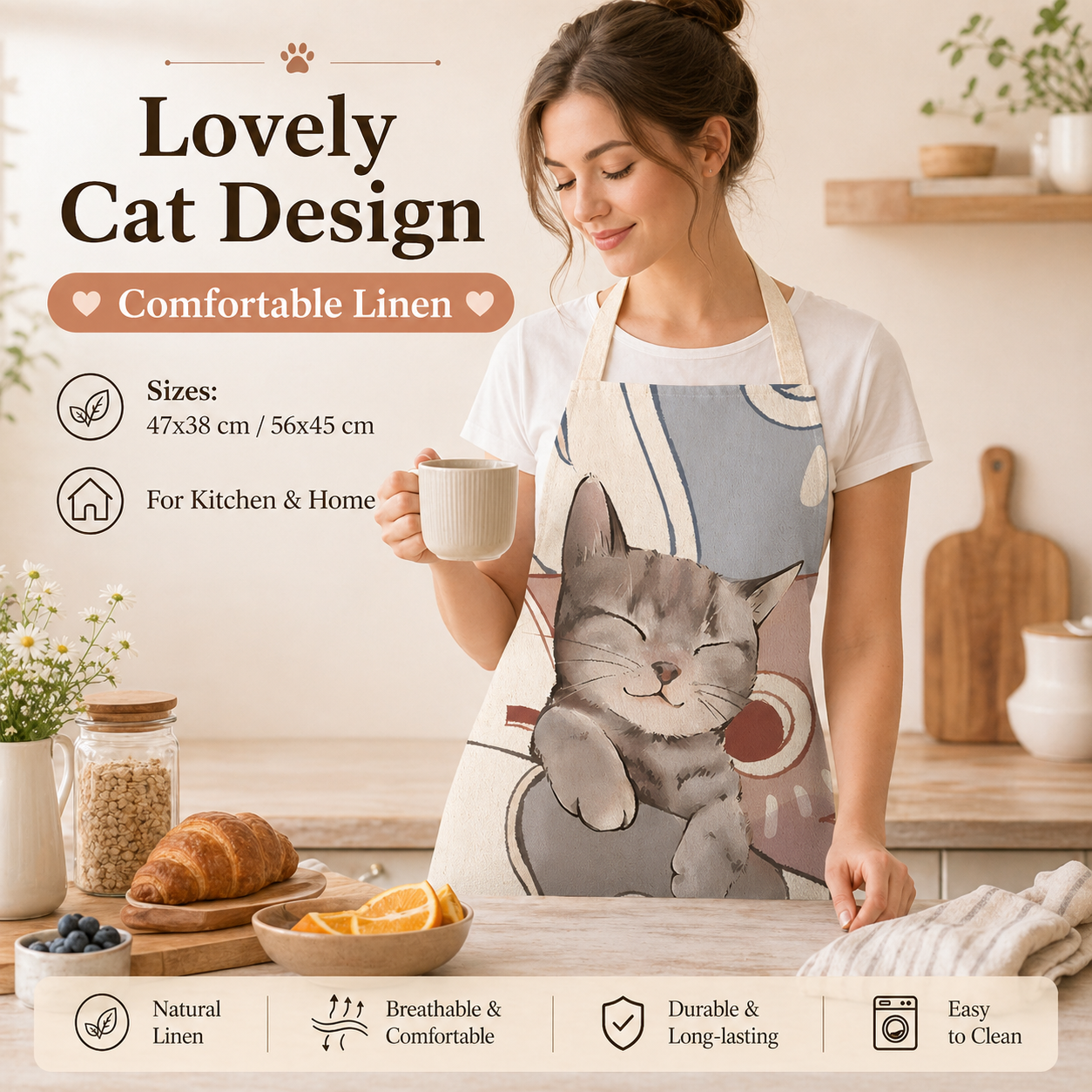Cute Cat Printed Linen Kitchen - Home Cooking For Cats avaliação e preço
