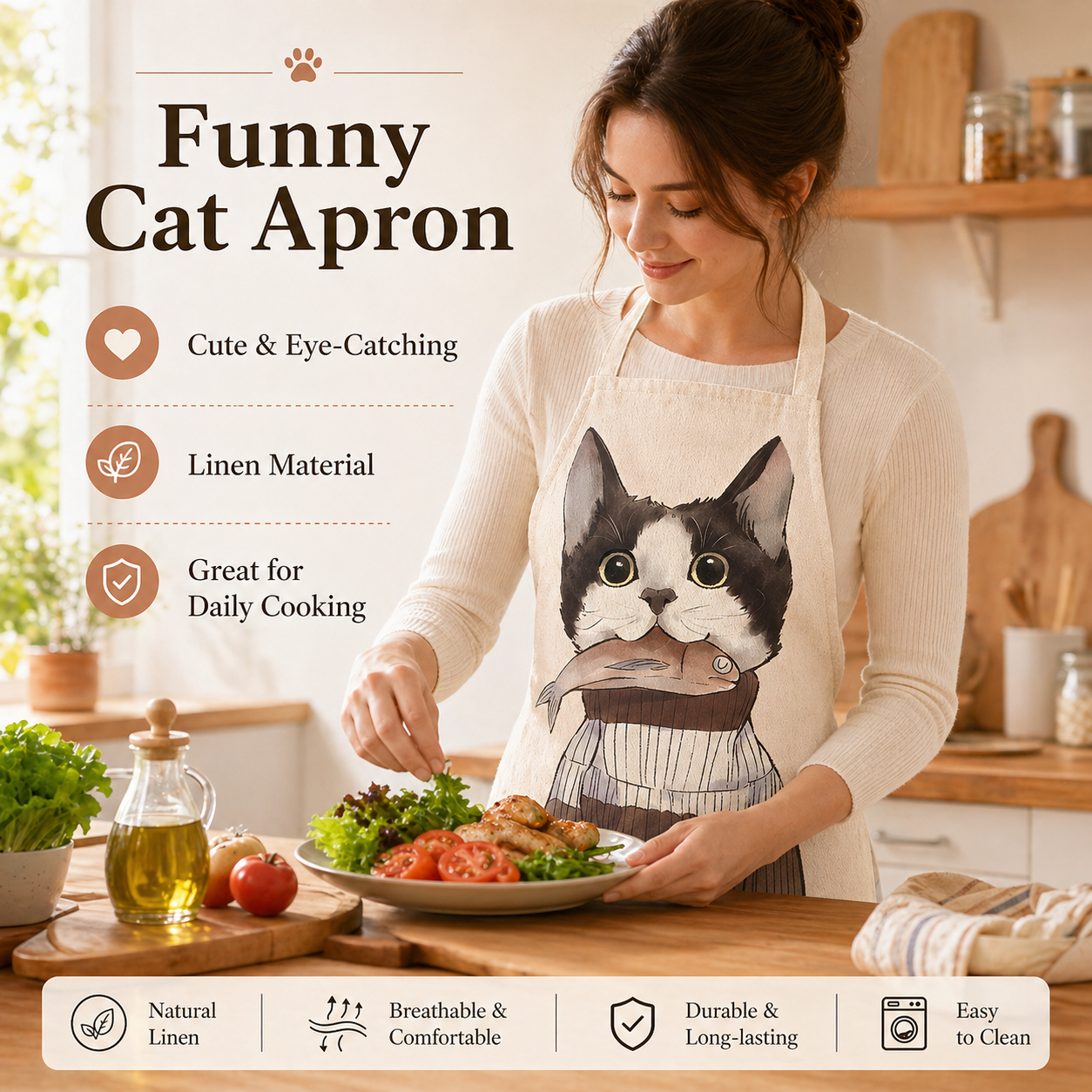 Cute Cat Printed Linen Kitchen - Home Cooking For Cats avaliação e preço